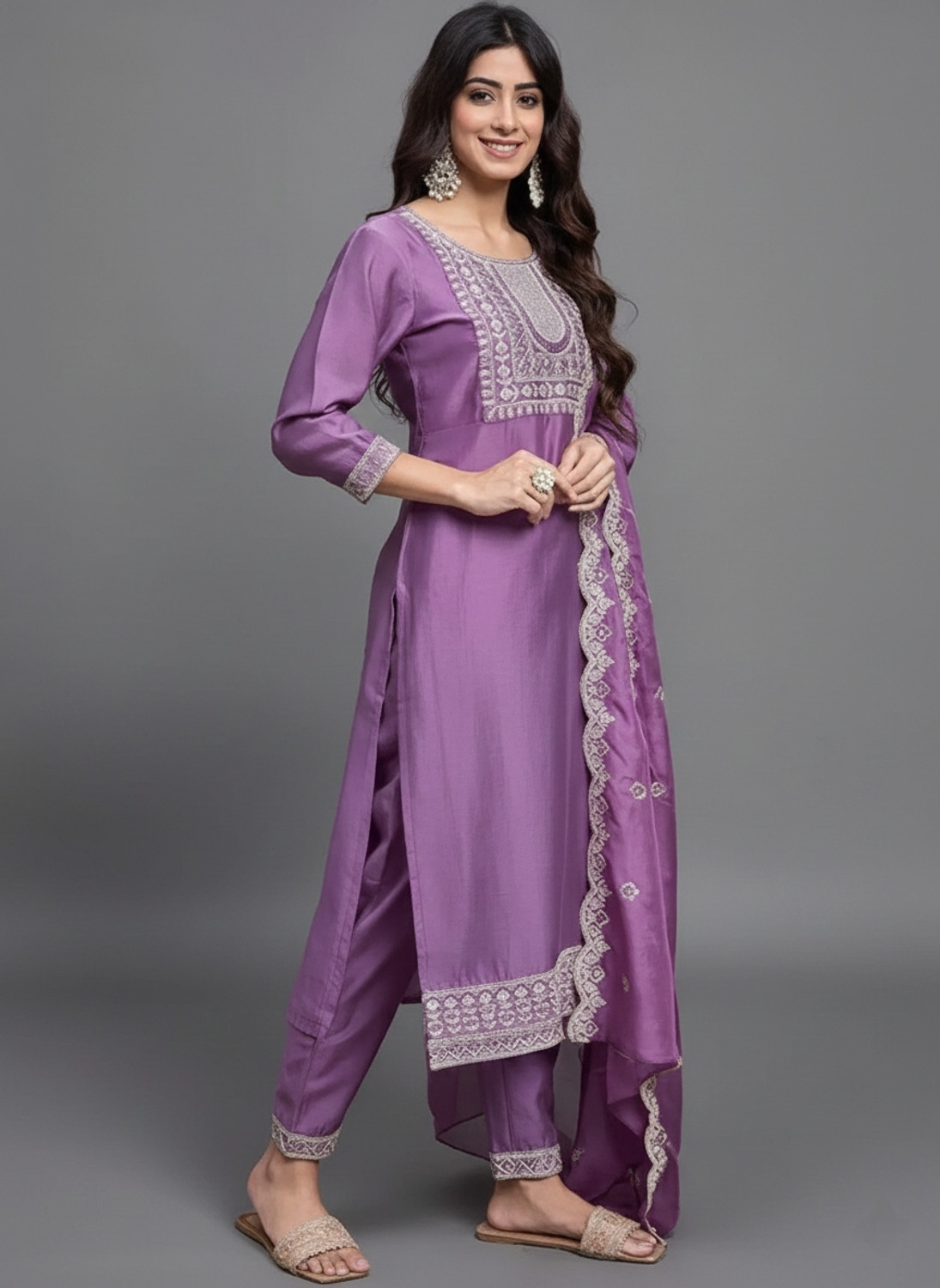 Image of TARUNIPOSHAK Embroidered Kurta, Churidar & Dupatta Set