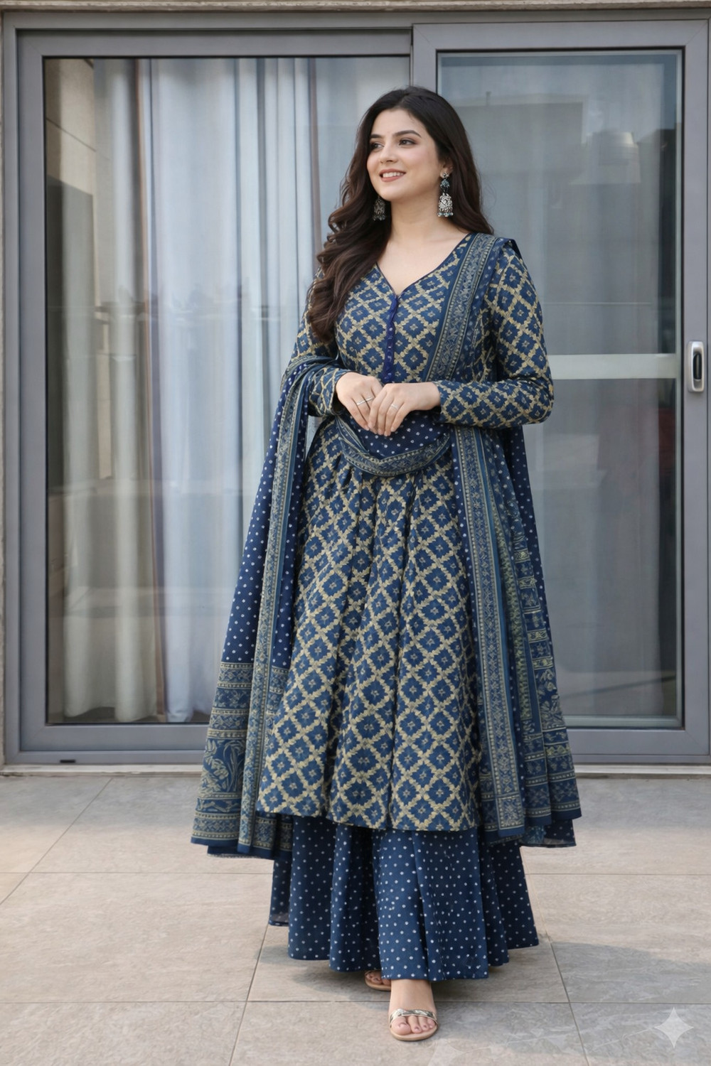 Image of moxinfashion Printed Anarkali Kurta, Bottom & Dupatta Set