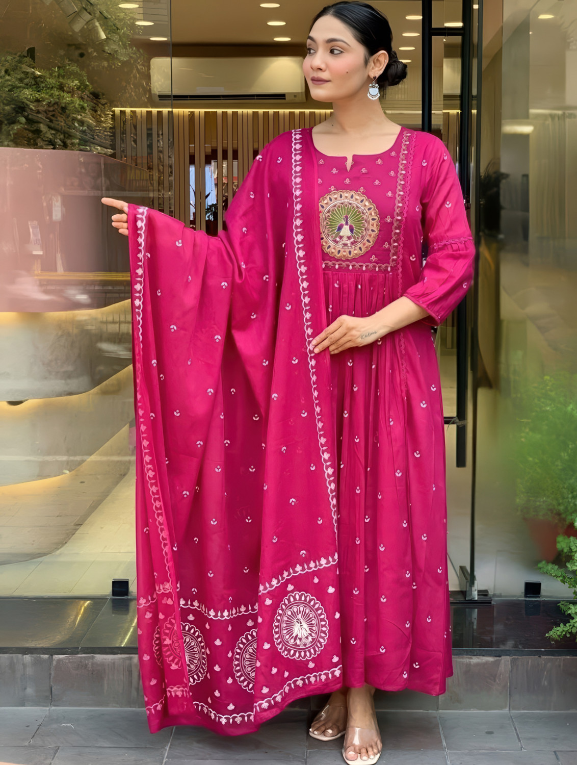 Image of Irtada Printed Anarkali Kurta, Bottom & Dupatta Set