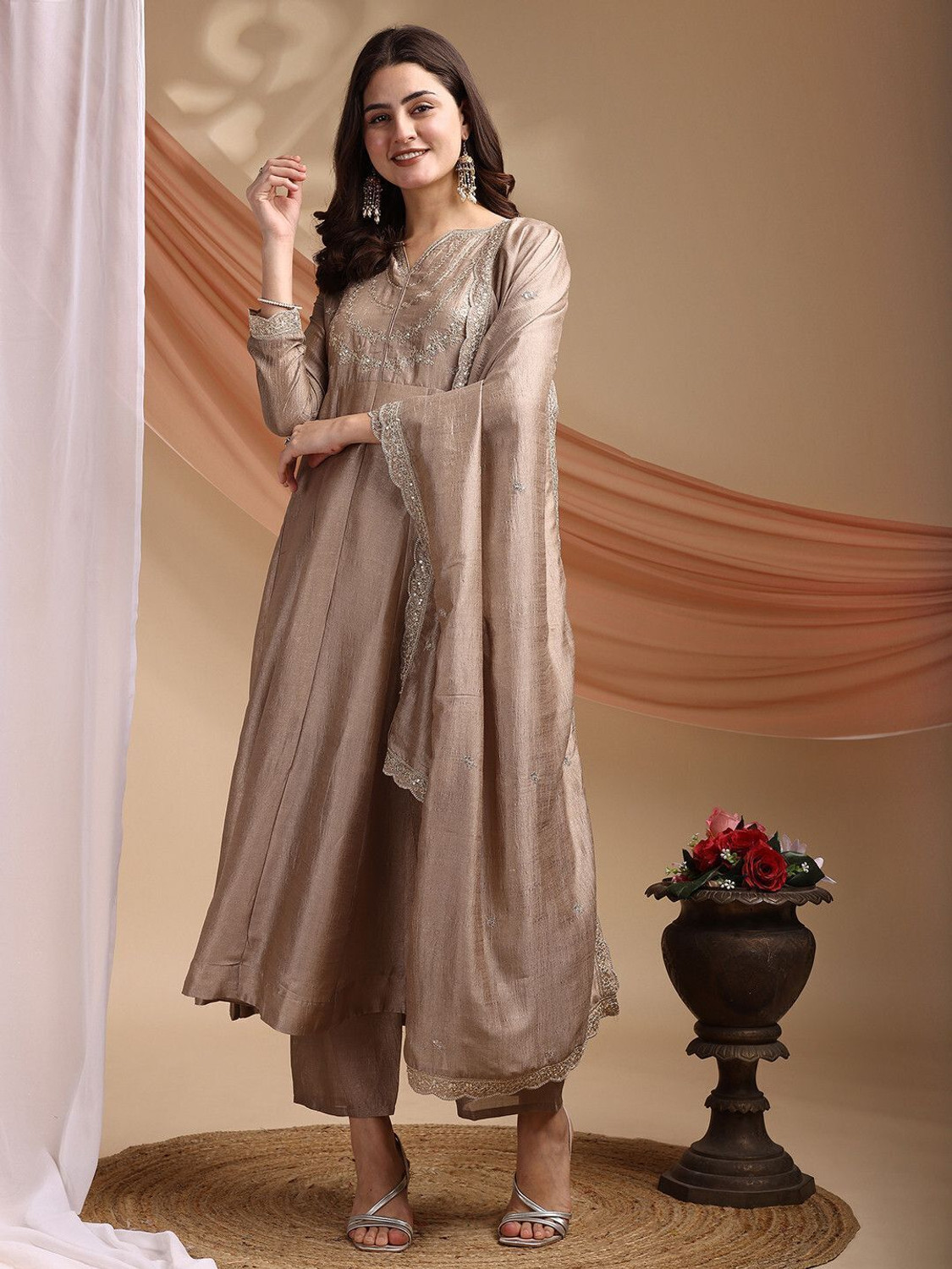 Image of OMICRON FAB Embroidered Anarkali Kurta, Bottom & Dupatta Set