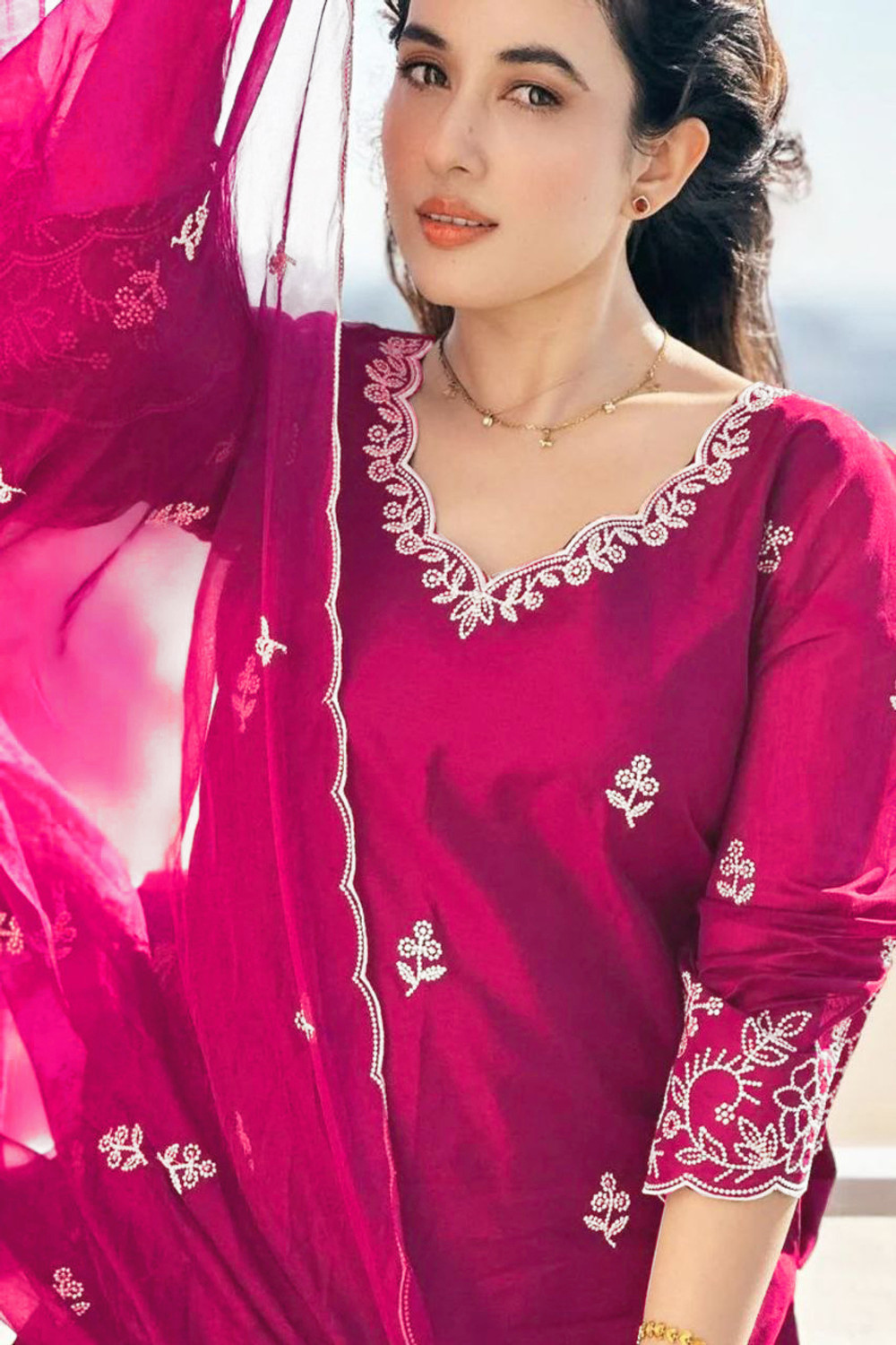 Image of FANCIFLAIR Embroidered Anarkali Kurta, Bottom & Dupatta Set