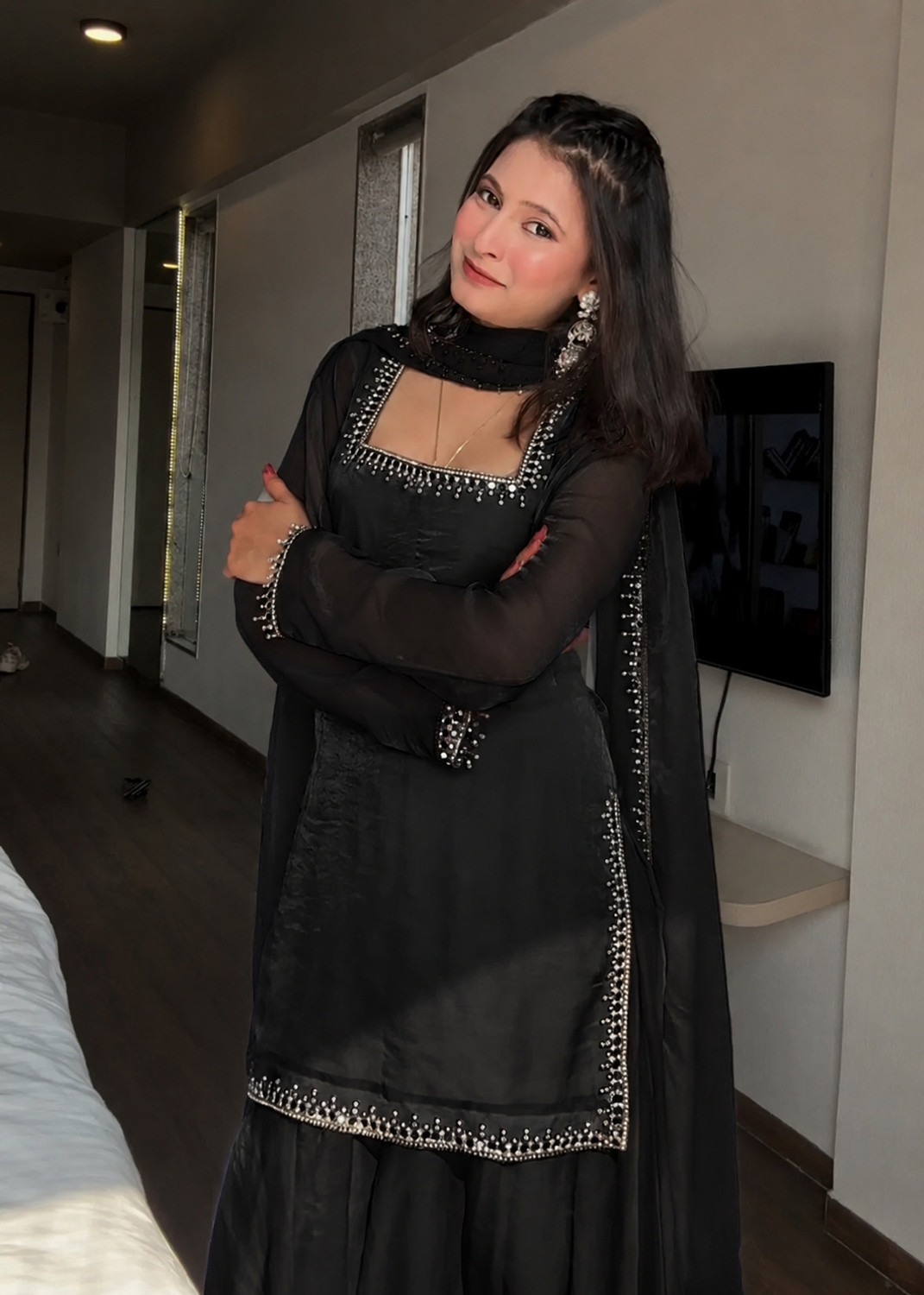TRYAMABAKAM Embroidered Kurta, Sharara & Dupatta Set