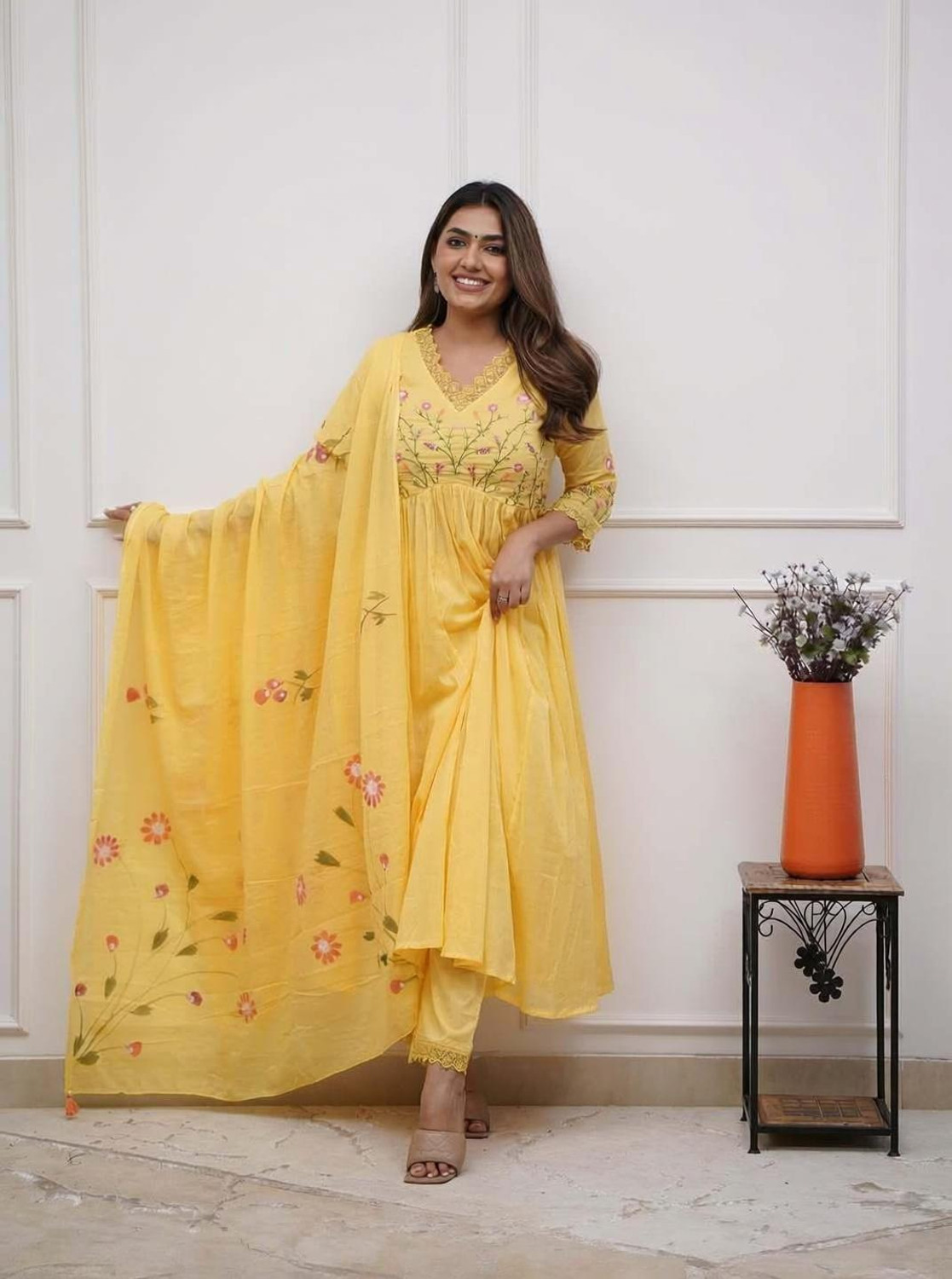Image of CHECHI Embroidered Kurta, Palazzo & Dupatta Set
