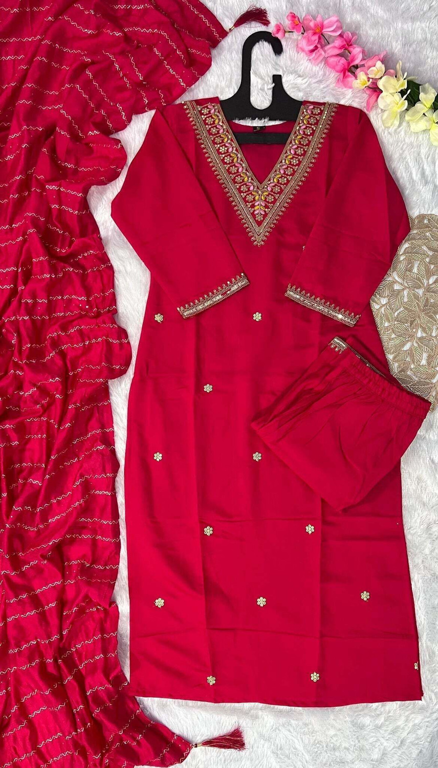 Image of MAA SHANTI ENTERPRISE Embroidered Kurta, Trouser /Pant & Dupatta Set