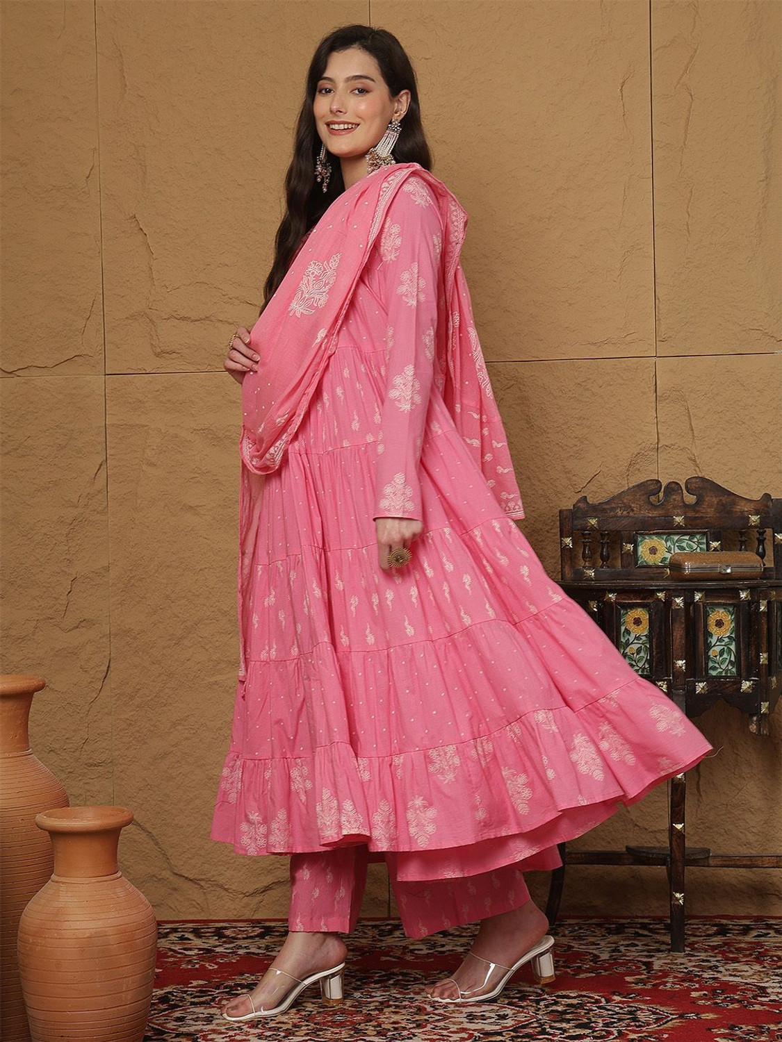 Image of kipek Printed Anarkali Kurta, Bottom & Dupatta Set