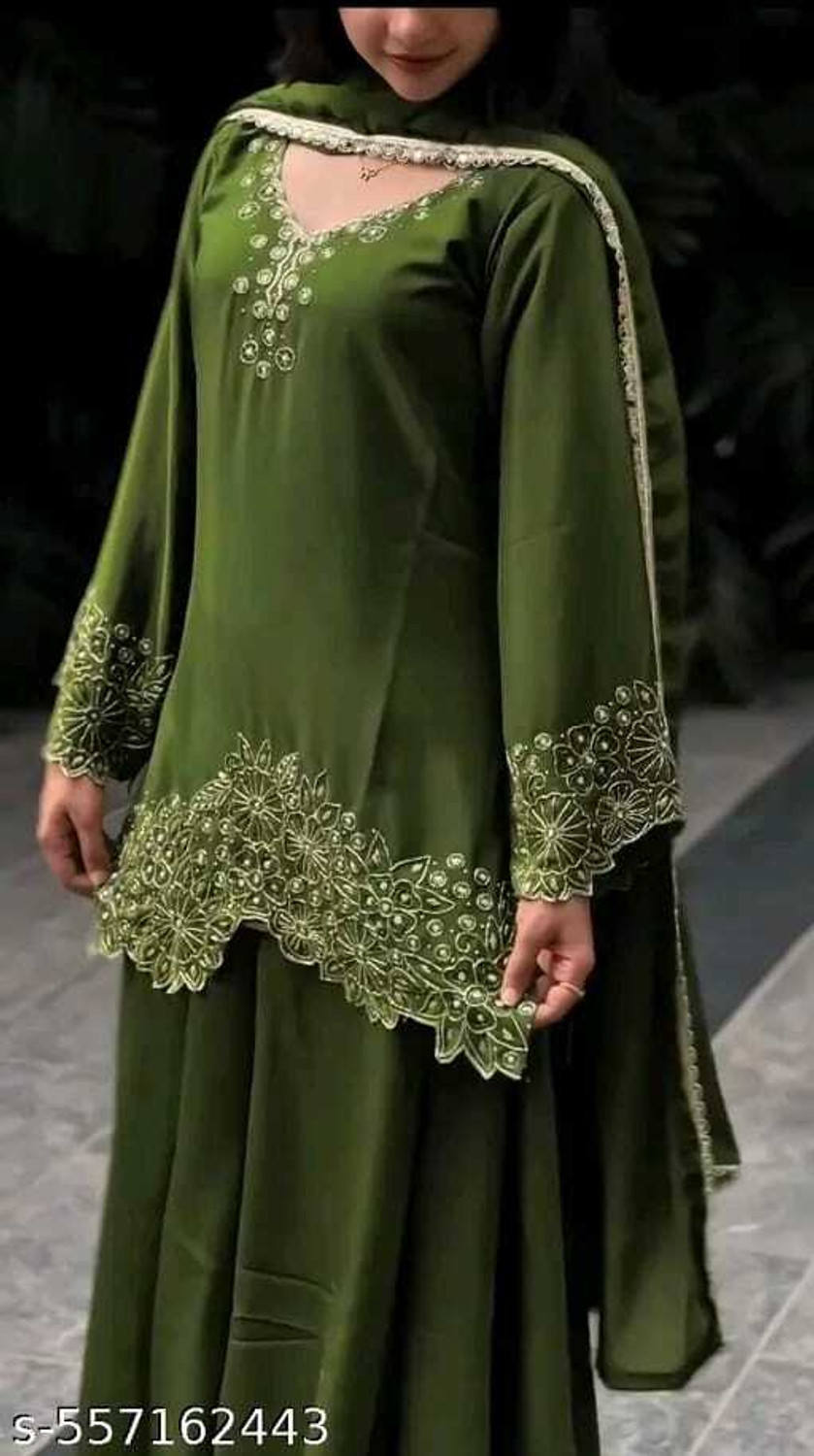 BYRI Embroidered Kurta, Palazzo & Dupatta Set
