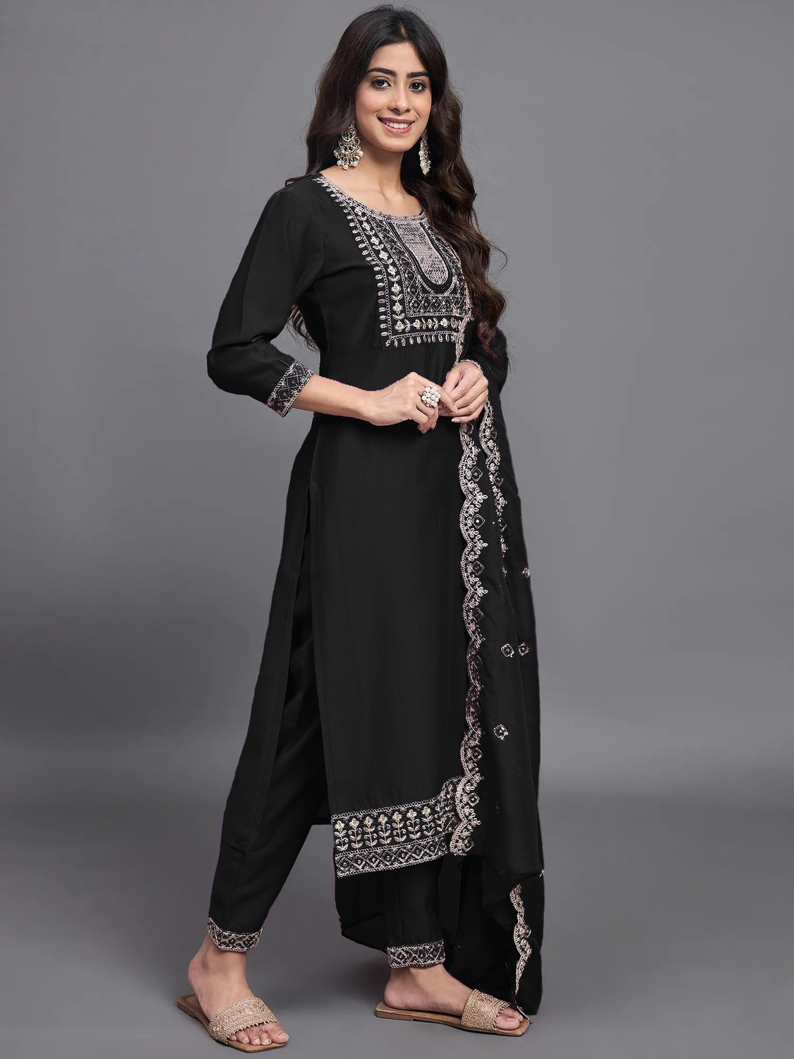 Image of DHARM CREATION Embroidered Kurta, Trouser /Pant & Dupatta Set