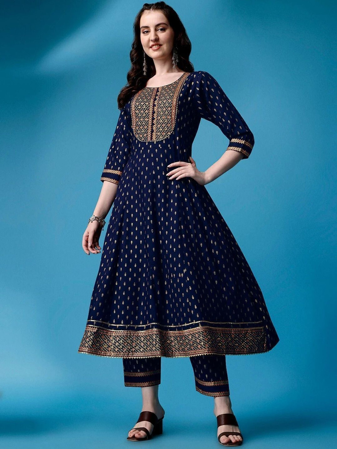Image of Queens Fab Printed, Embroidered Anarkali Kurta, Bottom & Dupatta Set