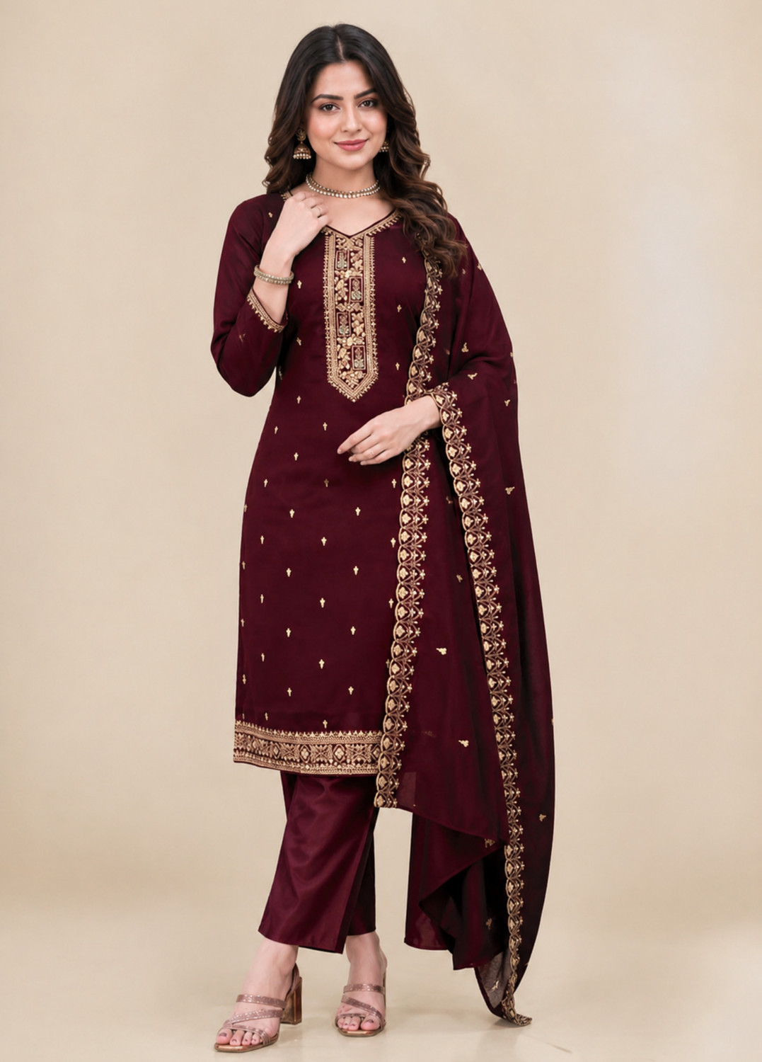 Image of DHARMA ENTERPRISE Embroidered Kurta, Trouser /Pant & Dupatta Set