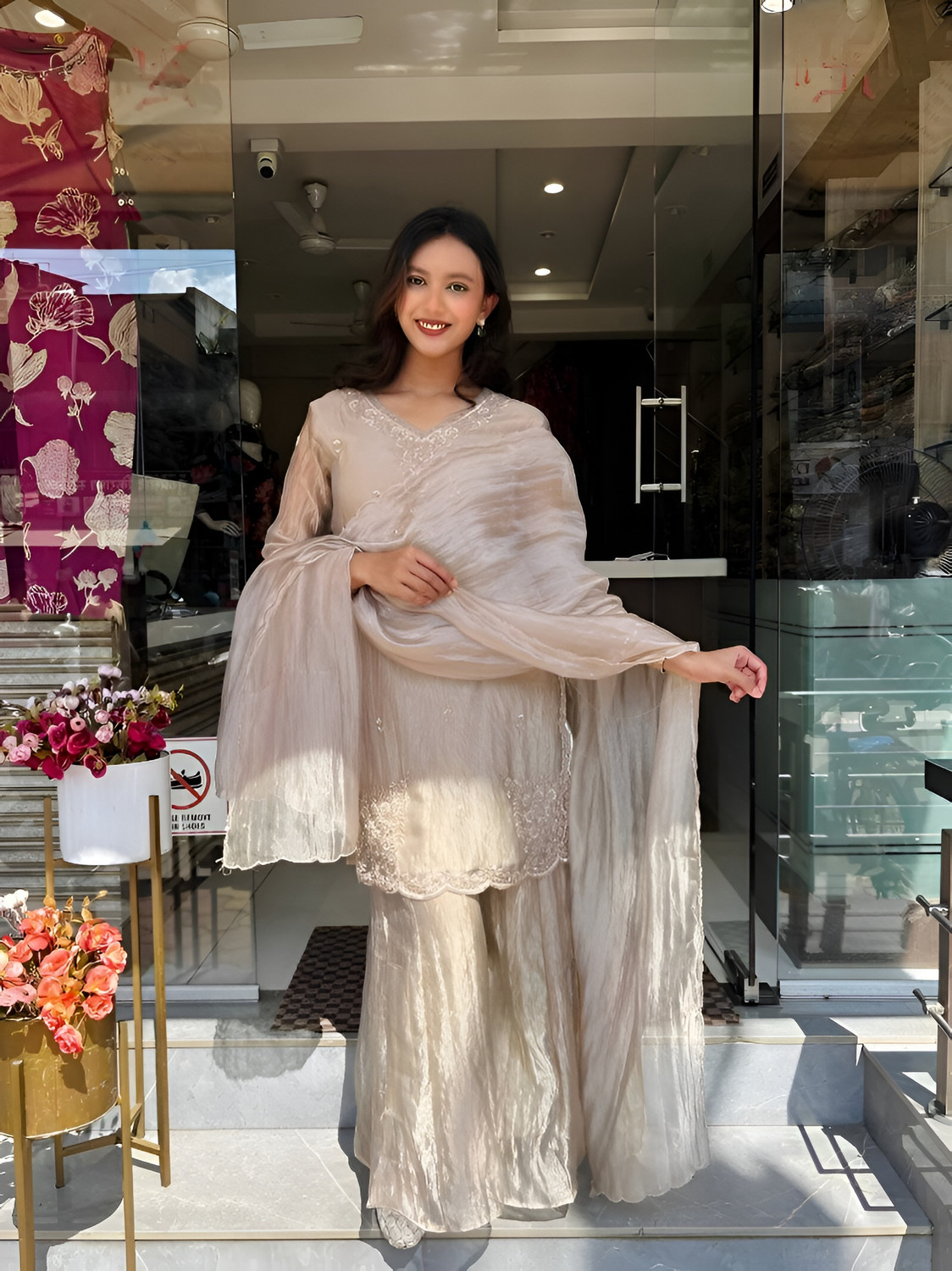 Image of ELIINDRA Embroidered Kurta, Palazzo & Dupatta Set