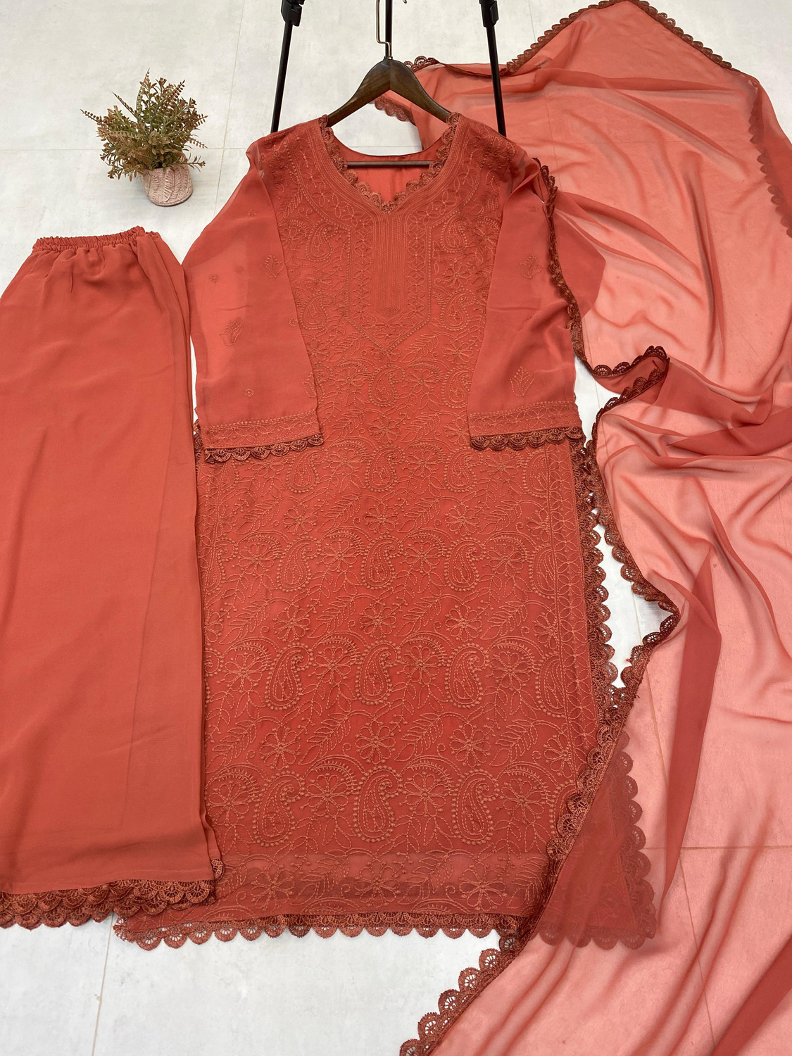 Image of SareeWeb Embroidered Kurta, Palazzo & Dupatta Set