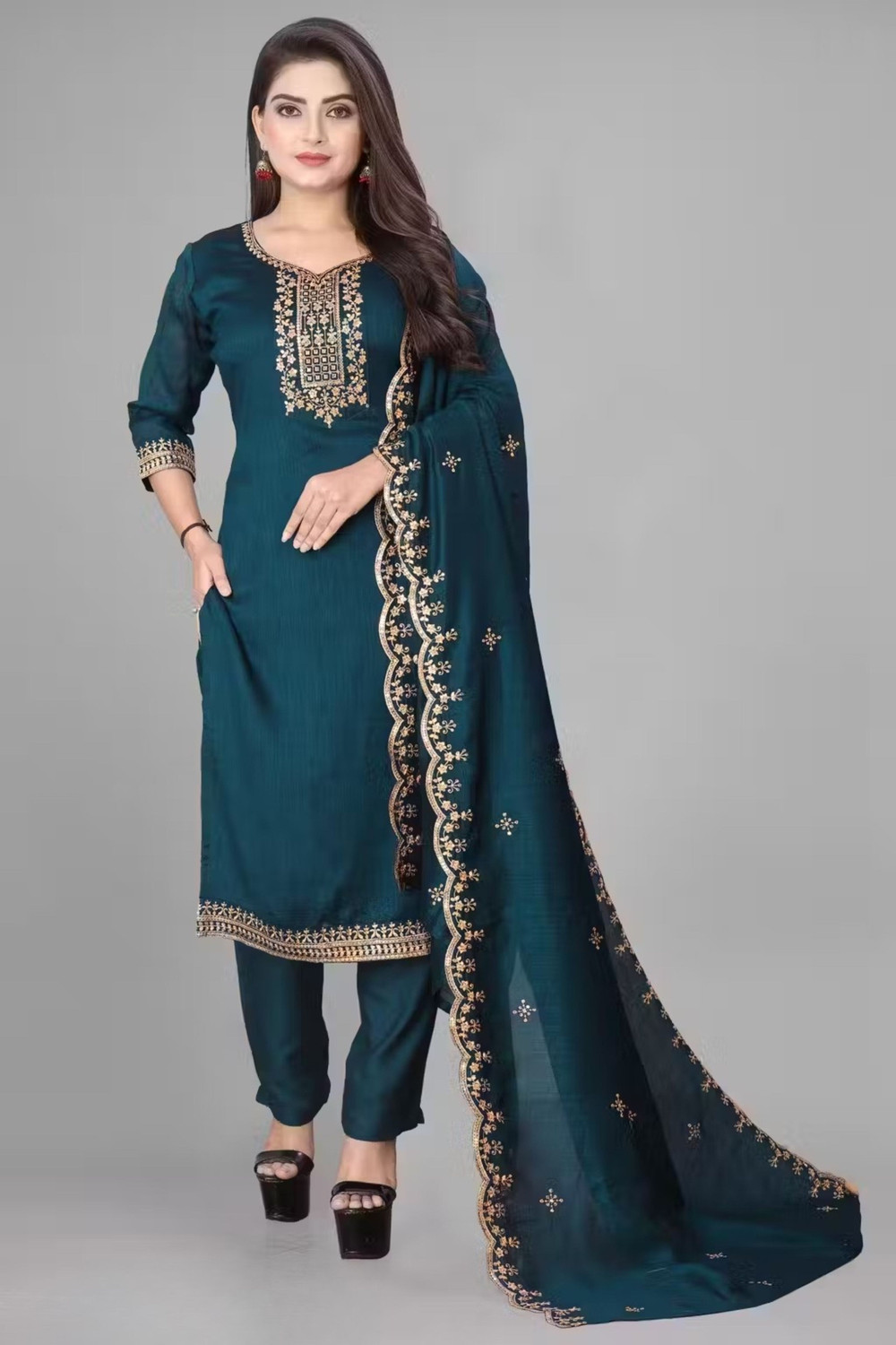 Image of ANERITEXARC Embroidered Kurta, Trouser /Pant & Dupatta Set