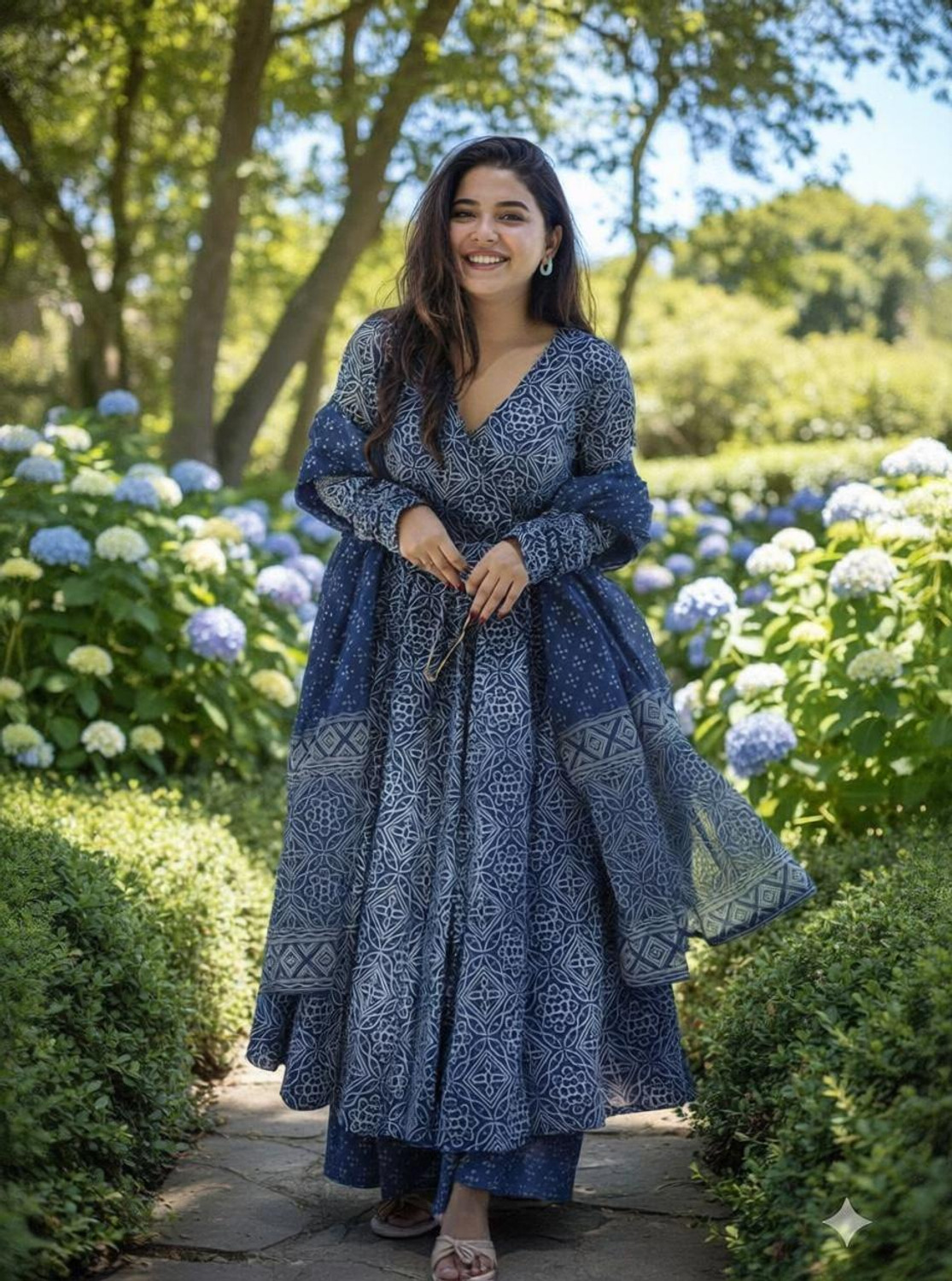 Image of AZYERA Printed Anarkali Kurta, Bottom & Dupatta Set