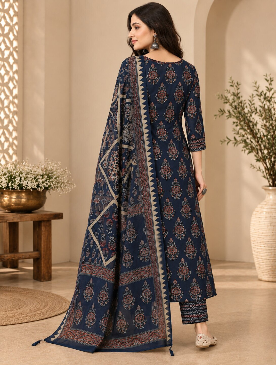 Image of Oumad Printed Kurta, Palazzo & Dupatta Set