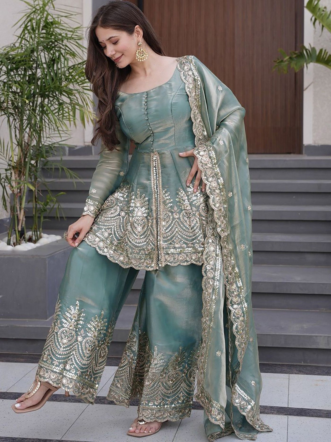 Image of PRAKRUTI ENTERPRISE Embroidered Kurta, Palazzo & Dupatta Set