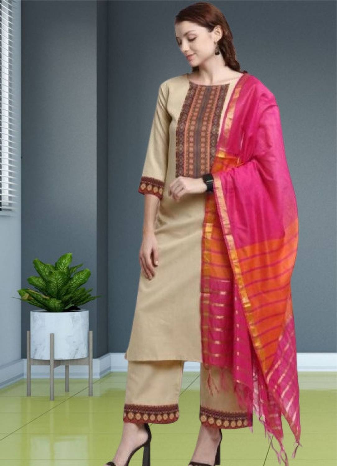 AnAdhTex Embellished Kurta, Palazzo & Dupatta Set
