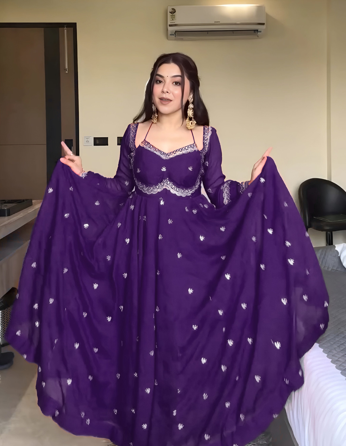Image of Krisio Purple Embroidered Georgette Anarkali Kurta Set with Dupatta Printed Anarkali Kurta, Bottom & Dupatta Set