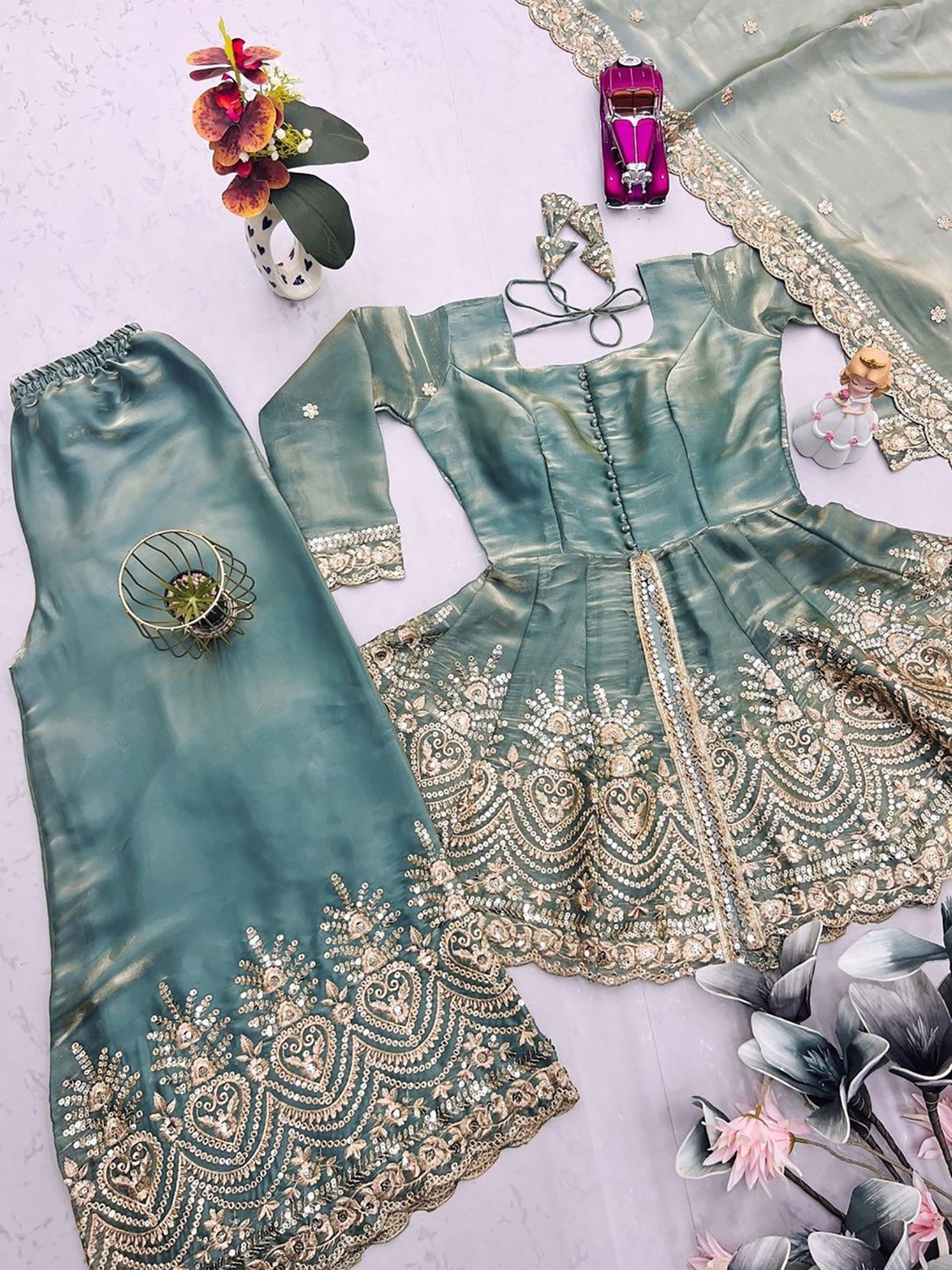 Image of Ptex Embroidered Kurta, Sharara & Dupatta Set