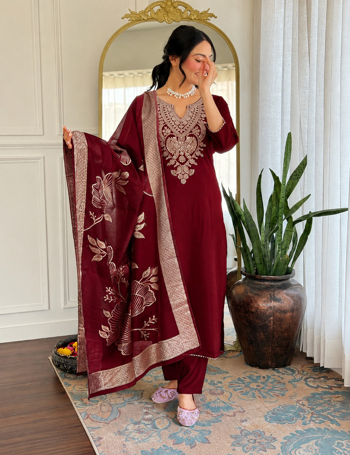 Image of SHYAM BANSI Embroidered Kurta, Trouser /Pant & Dupatta Set