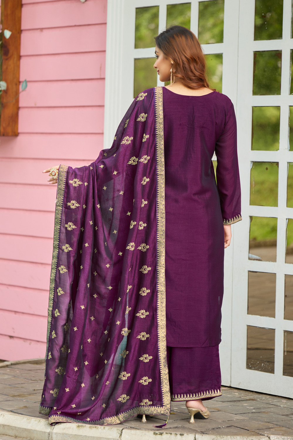 Image of vyomira Embroidered Kurta, Palazzo & Dupatta Set