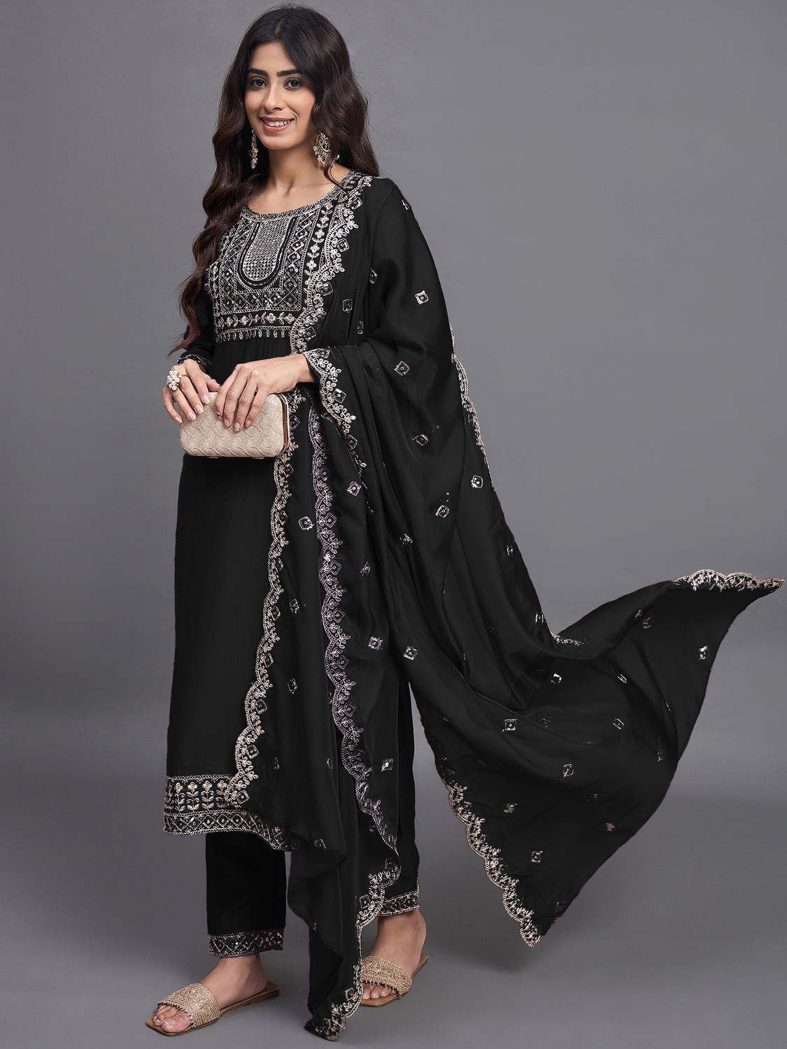 Image of DHARM CREATION Embroidered Kurta, Trouser /Pant & Dupatta Set