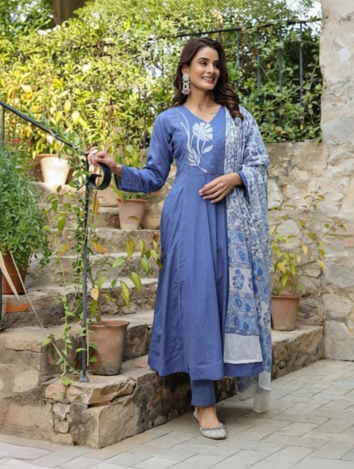 Attire Aura Maroon Block Print, 3-Piece Cotton Embroidered Kurta, Salwar & Dupatta Set