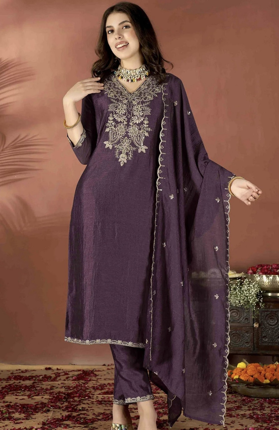 Image of Prasha Fashion Embroidered Kurta, Trouser /Pant & Dupatta Set