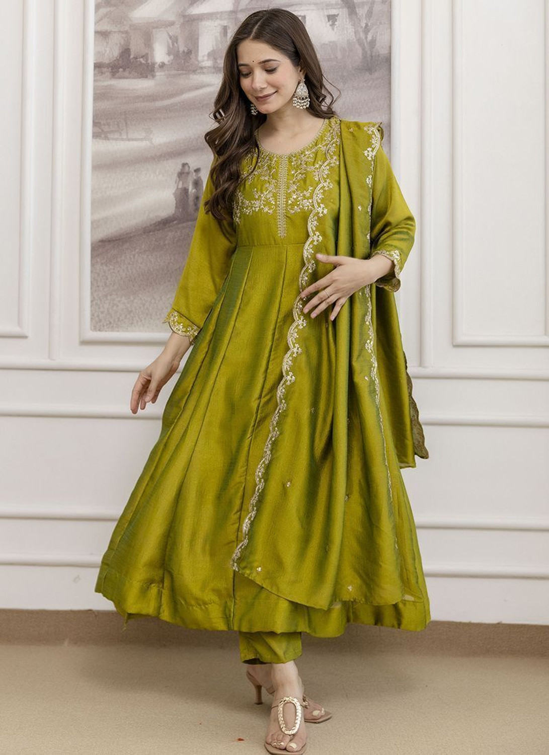 Image of KALKI COLLECTION Embroidered Anarkali Kurta, Bottom & Dupatta Set