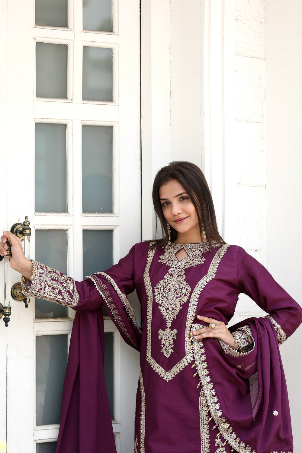 Image of KIRTAN ENTERPRISE Self Design Kurta, Palazzo & Dupatta Set