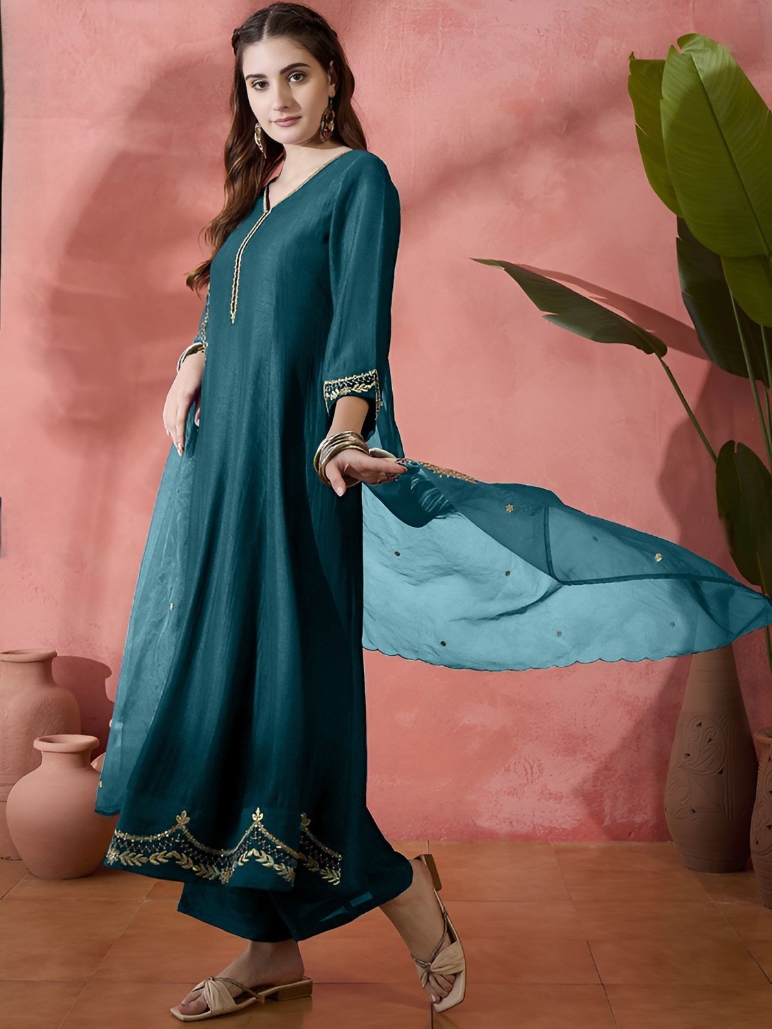 Image of HOUSEOFKALI Embroidered Anarkali Kurta, Bottom & Dupatta Set