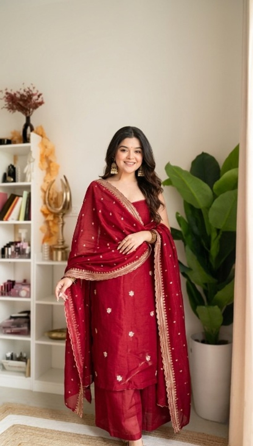 TRINETRA FASHION Embroidered Kurta, Palazzo & Dupatta Set