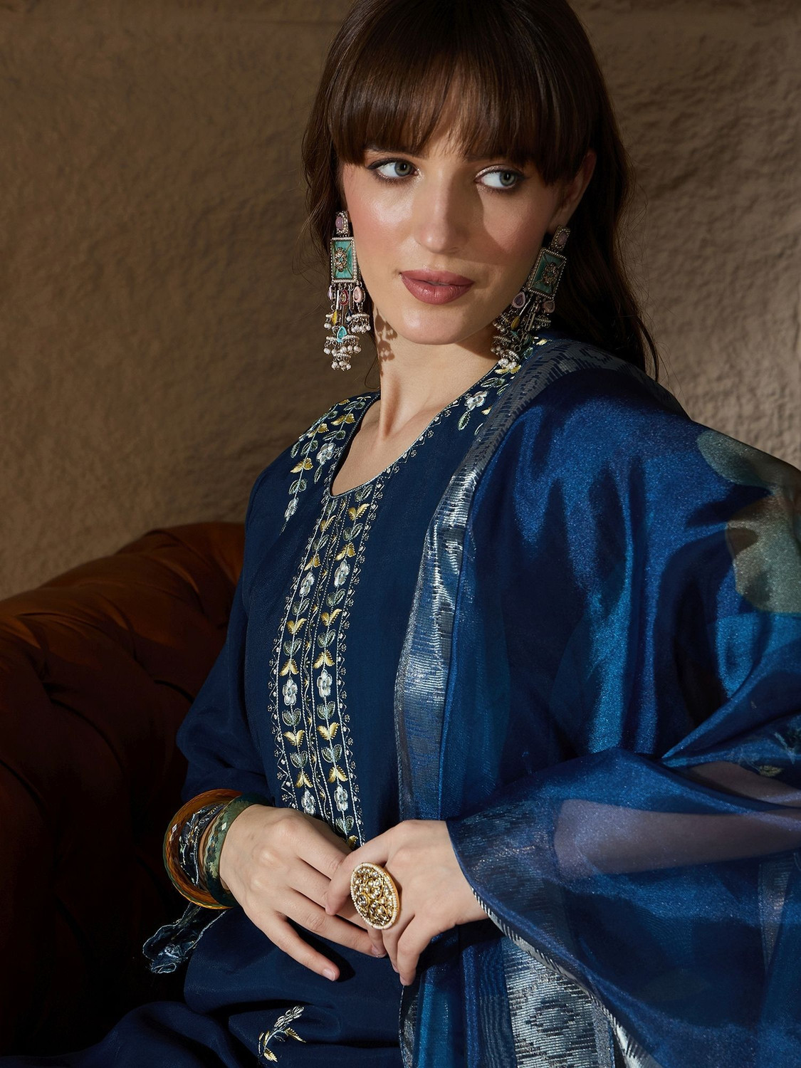 Image of VredeVogel Embroidered Kurta, Trouser /Pant & Dupatta Set
