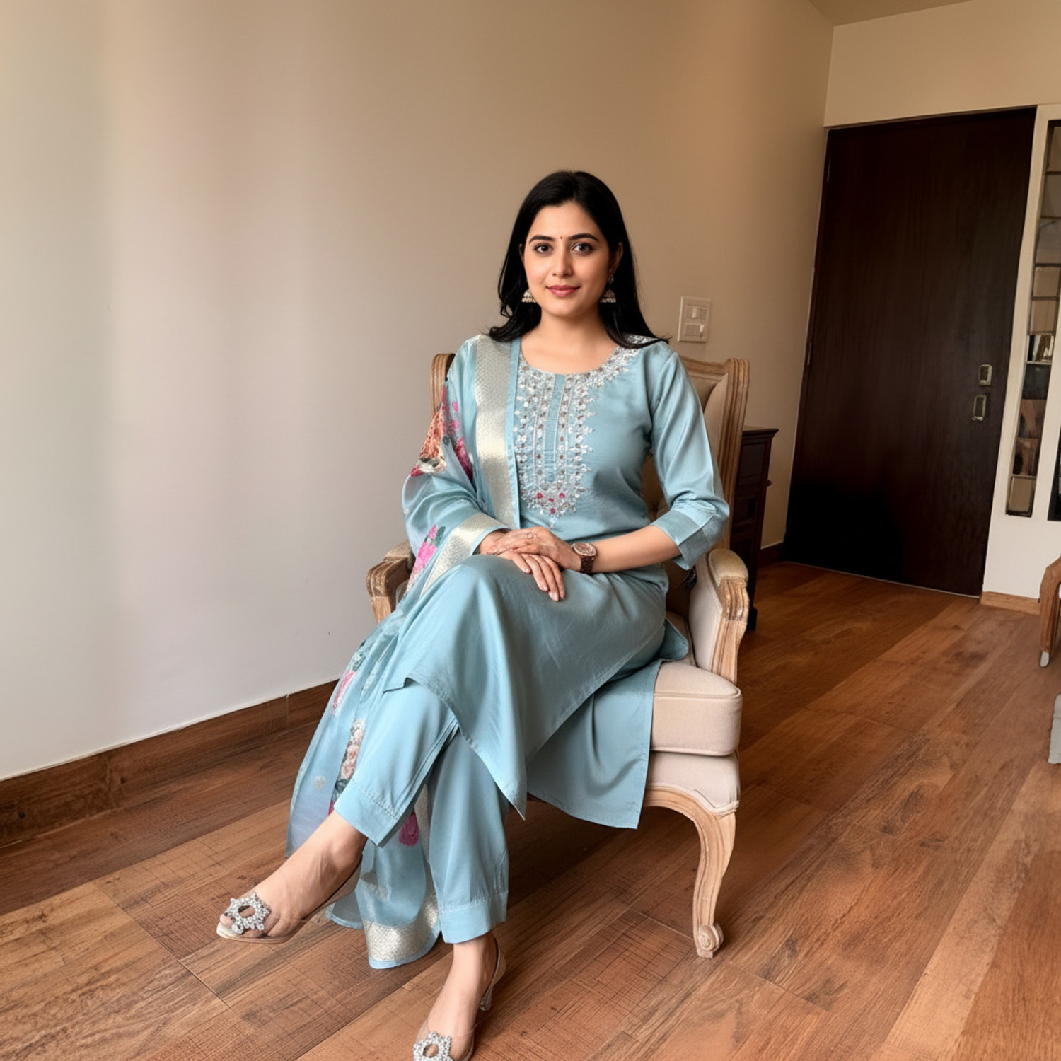 Image of AESTHETIC ENTERPRISE Embroidered Kurta, Trouser /Pant & Dupatta Set