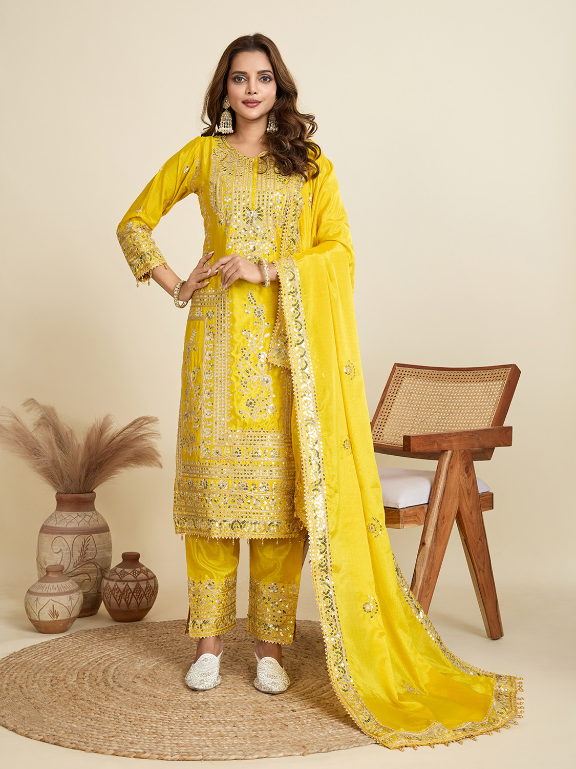 Image of AMALAK Embroidered Kurta, Trouser /Pant & Dupatta Set