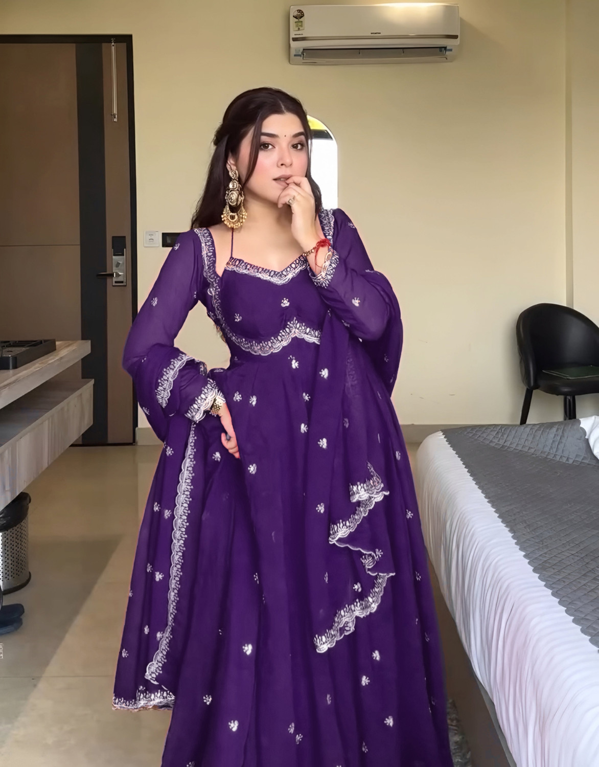 Image of Krisio Purple Embroidered Georgette Anarkali Kurta Set with Dupatta Printed Anarkali Kurta, Bottom & Dupatta Set