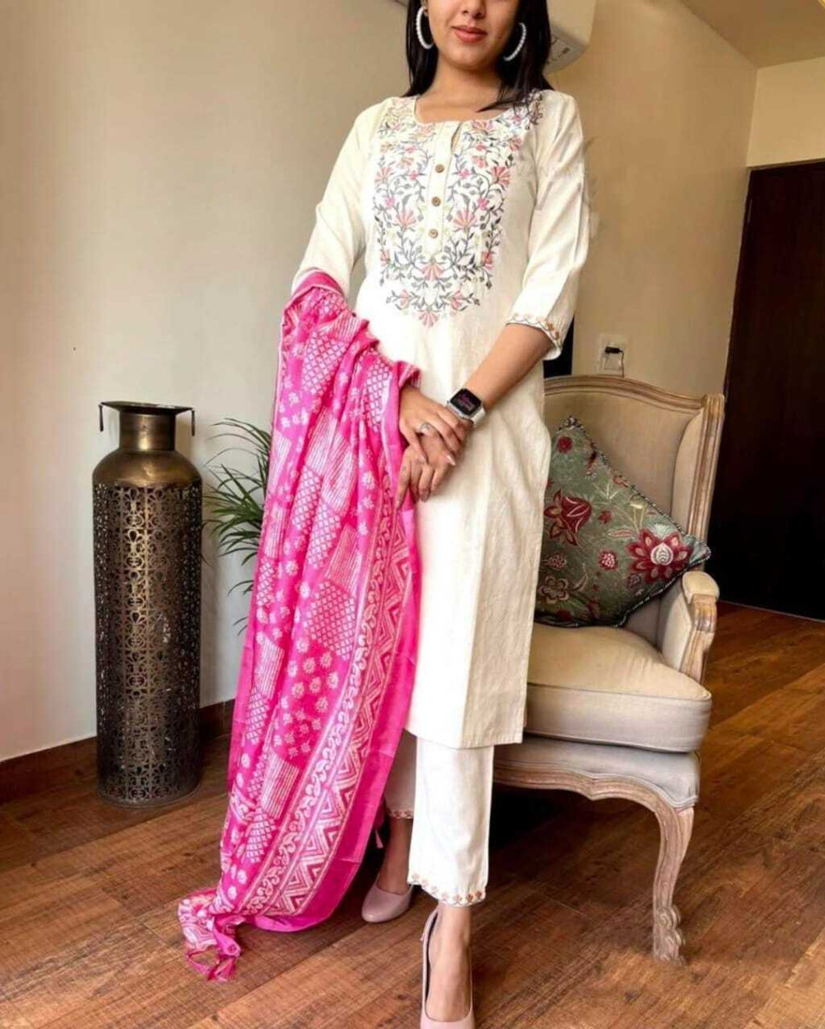 Image of Krafty Fashion Embroidered Kurta, Trouser /Pant & Dupatta Set