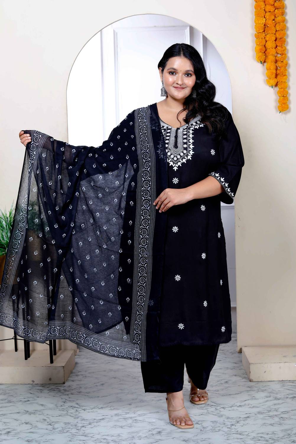ANGIYA Embroidered Kurta, Palazzo & Dupatta Set