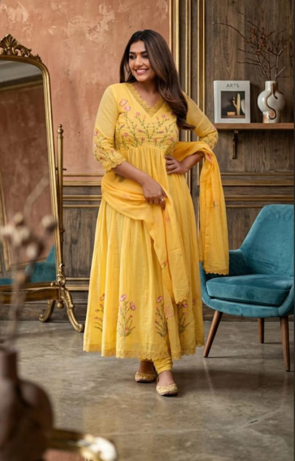 Image of CHECHI Embroidered Kurta, Palazzo & Dupatta Set