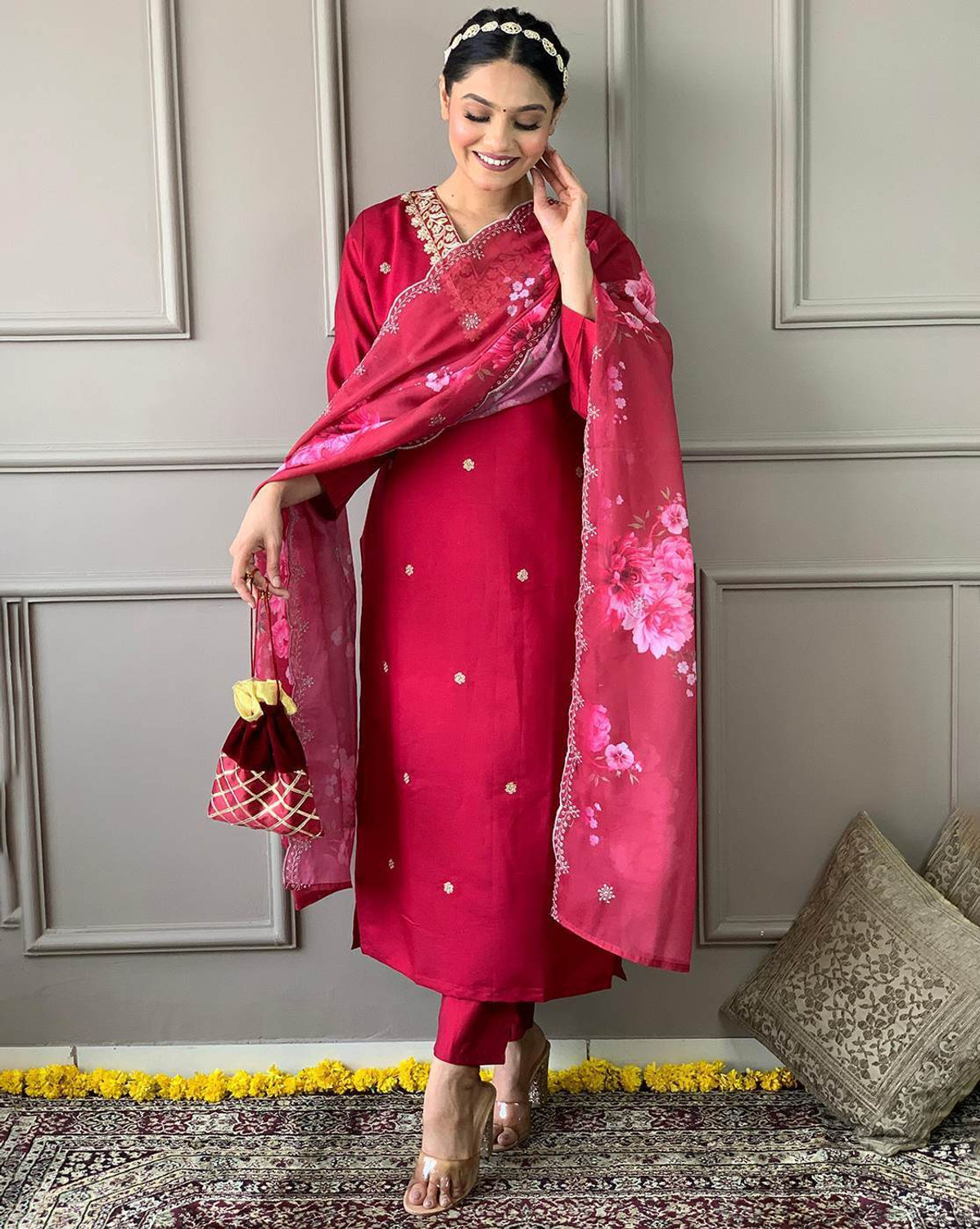 Image of C4A Embroidered Kurta, Trouser /Pant & Dupatta Set