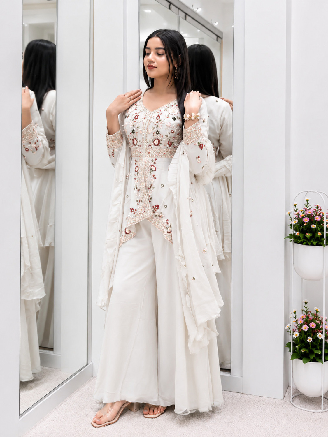 Image of Elite Atelier Embroidered Kurta, Sharara & Dupatta Set