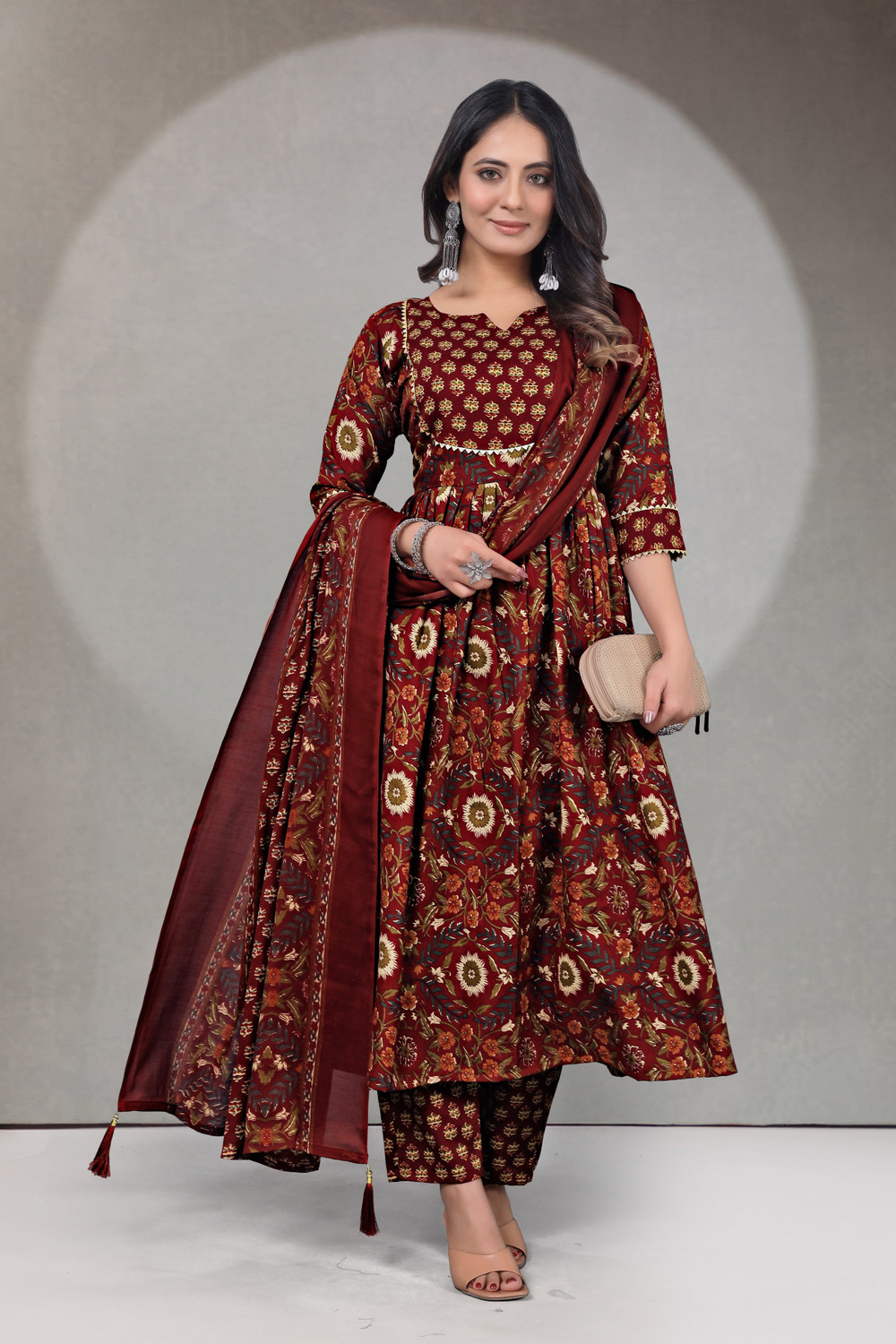 Image of KALAVRITTA Floral Print Anarkali Kurta, Bottom & Dupatta Set