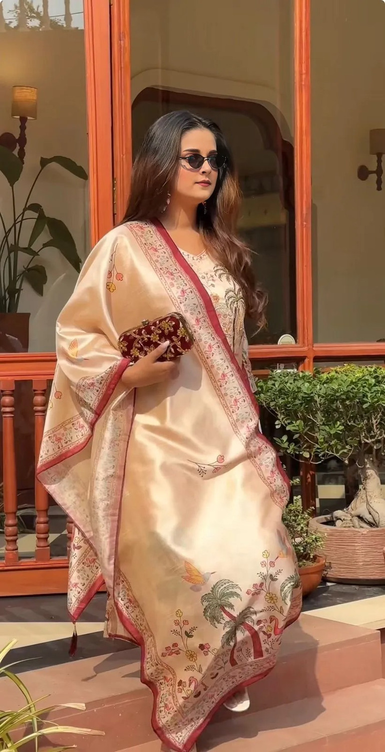 Image of PRISTINO Printed Anarkali Kurta, Bottom & Dupatta Set