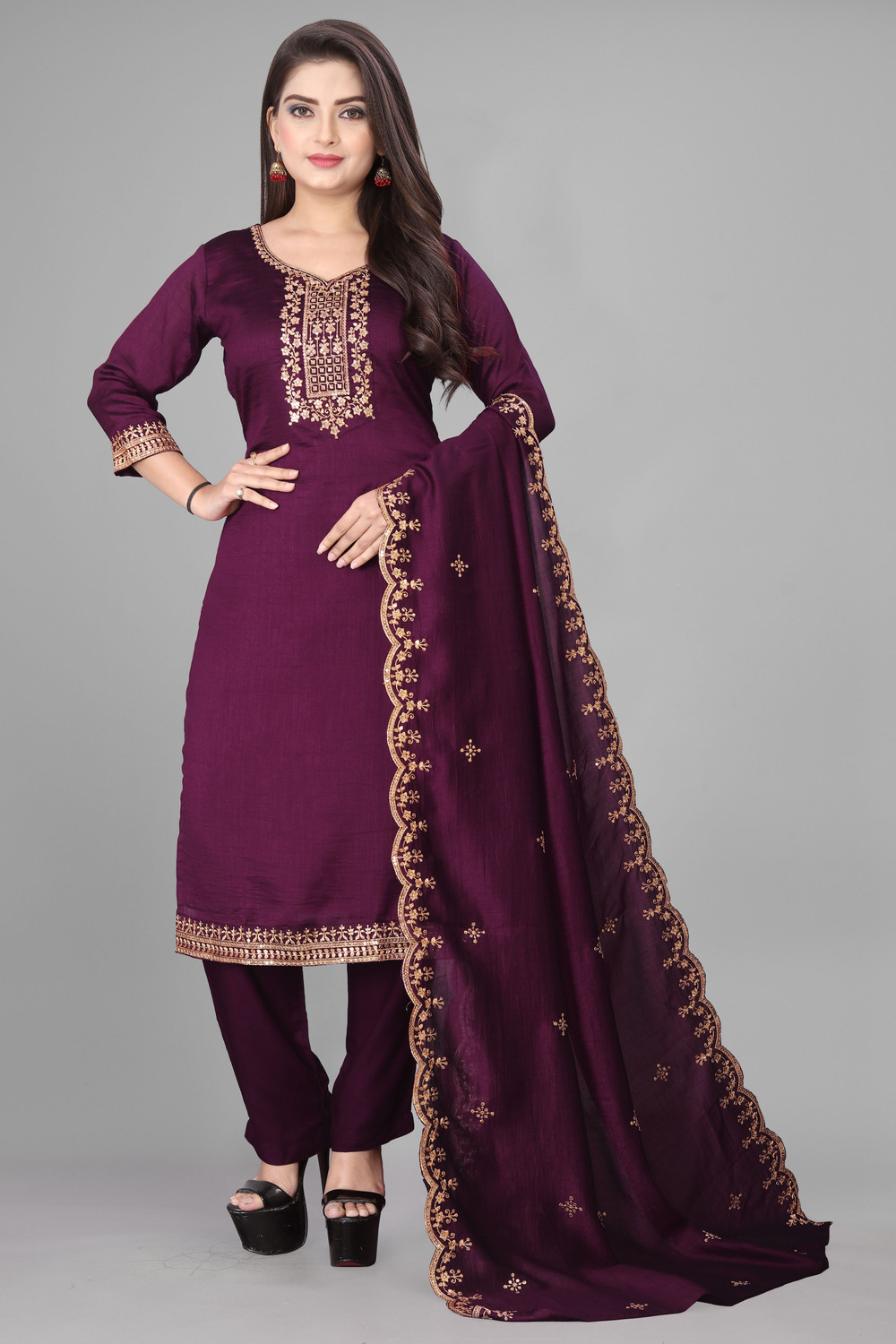 Image of Divine Enterprise Embroidered Kurta, Trouser /Pant & Dupatta Set