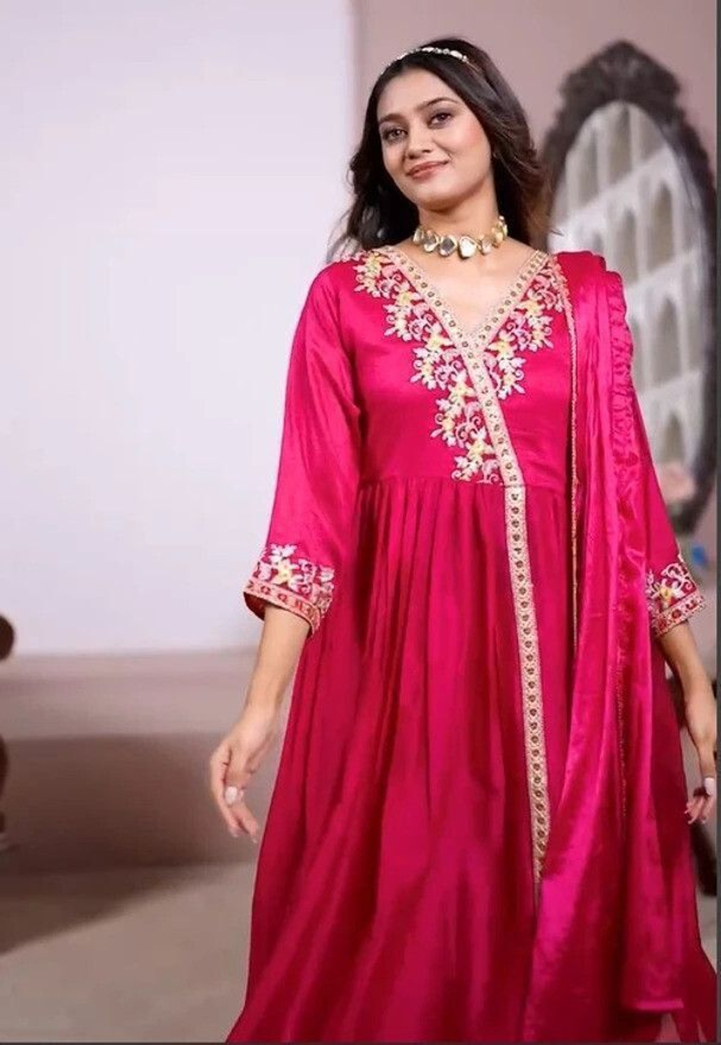 Image of P Three Pluse Embroidered Kurta, Palazzo & Dupatta Set
