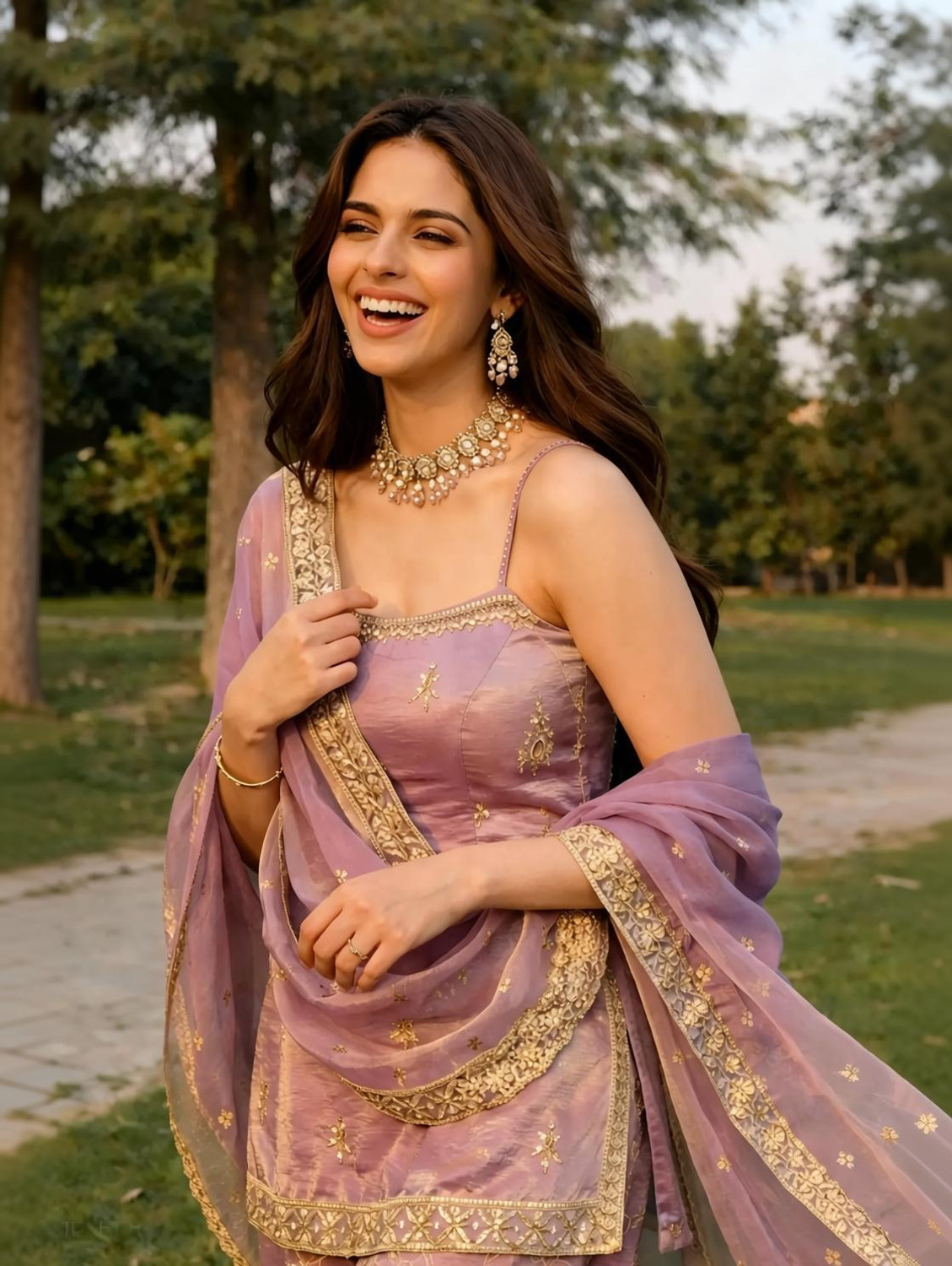 Image of anvilam Satin Pink Kurta set Embroidered Kurta, Sharara & Dupatta Set