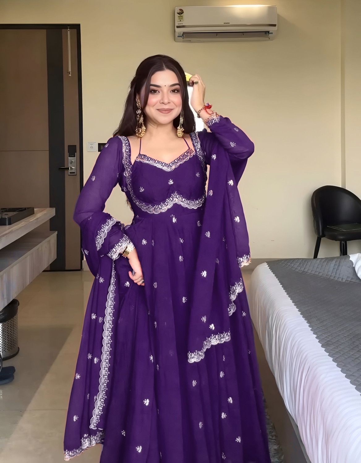 Image of Krisio Purple Embroidered Georgette Anarkali Kurta Set with Dupatta Printed Anarkali Kurta, Bottom & Dupatta Set