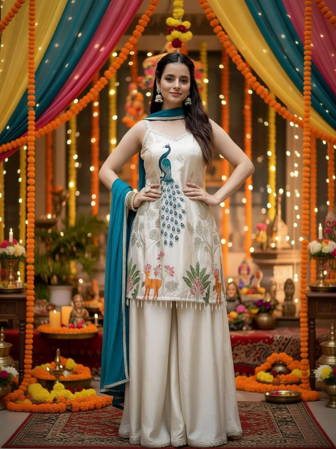 Fashion Galleria Embroidered Kurta, Palazzo & Dupatta Set
