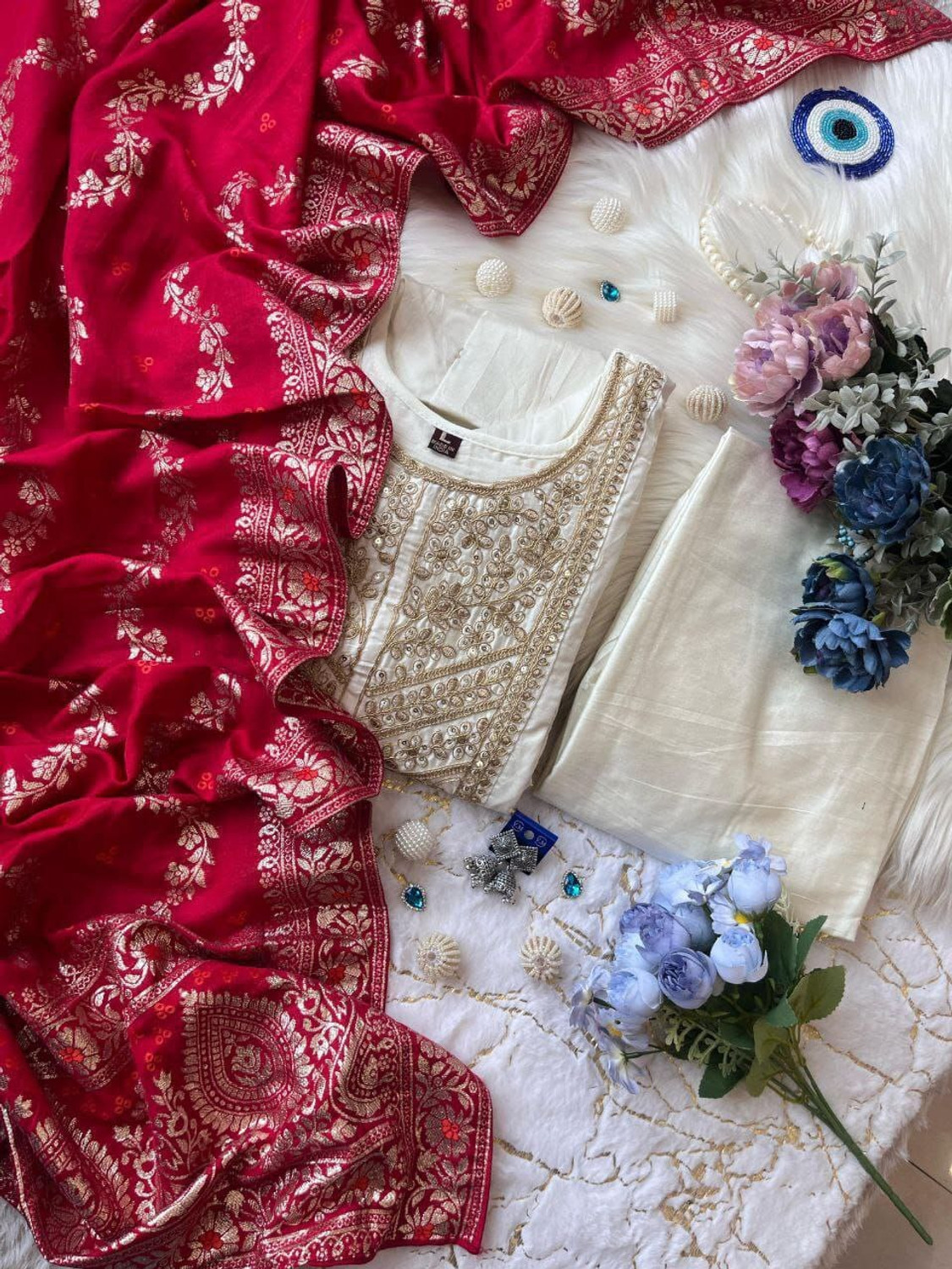 Image of Precia Printed Anarkali Kurta, Bottom & Dupatta Set