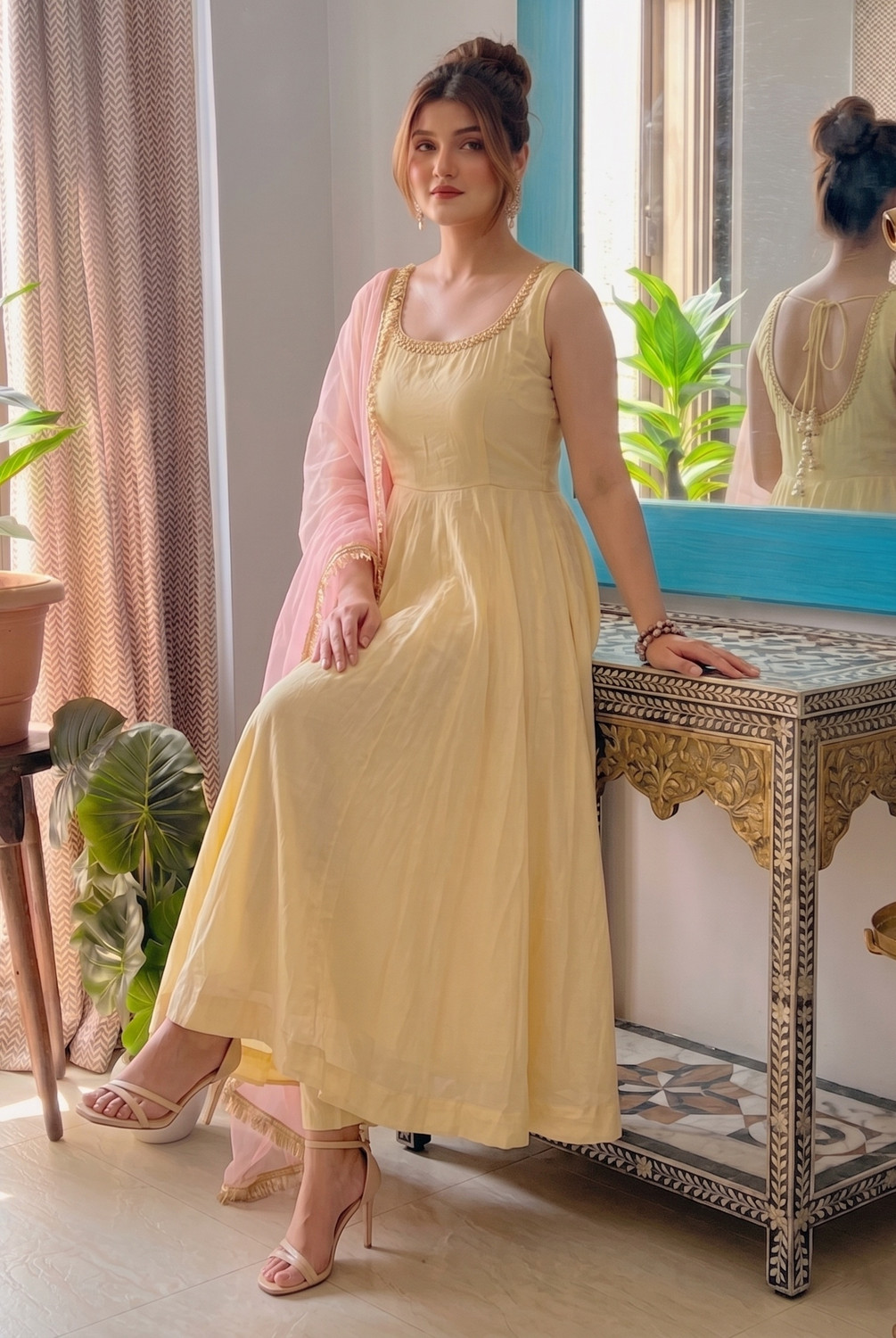 Image of TRANDTIDE Anarkali Roman Cotton Flared Gown Bottom With Soft Net Dupatta Self Design Anarkali Kurta, Bottom & Dupatta Set