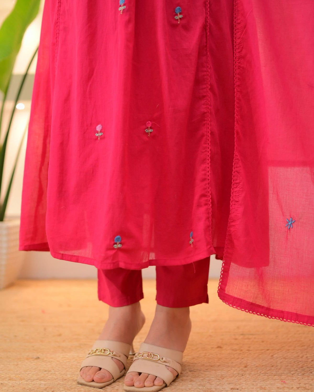 Image of FEBFORWARD Embroidered Kurta, Palazzo & Dupatta Set